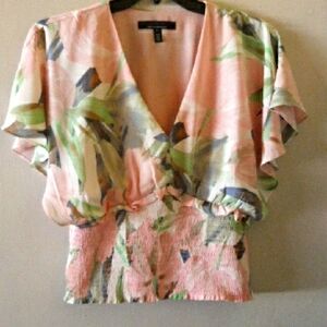White House Black Market Pink and Green Floral Blouse